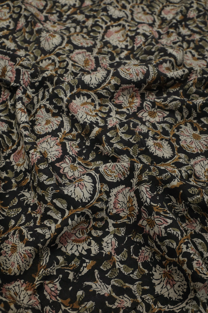 Black Garden Printed kalamkari Cotton Fabric - 1.5m