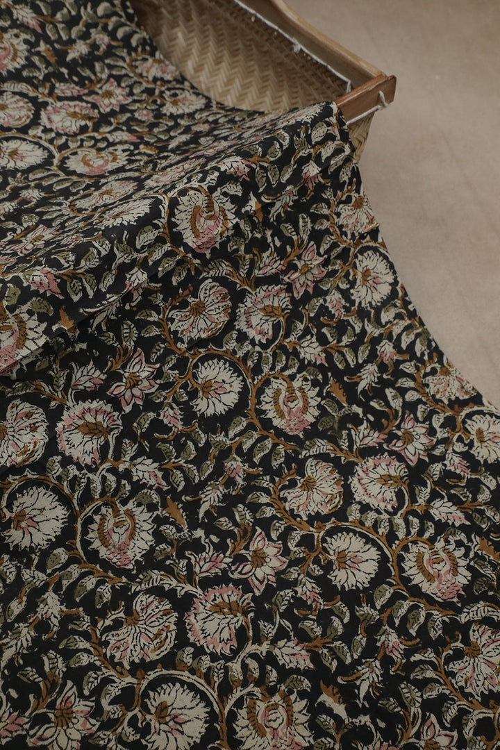 Black Garden Printed kalamkari Cotton Fabric - 1.5m