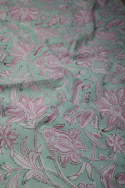 Baby Green with Floral Block Printed Cotton Fabric - 0.75m