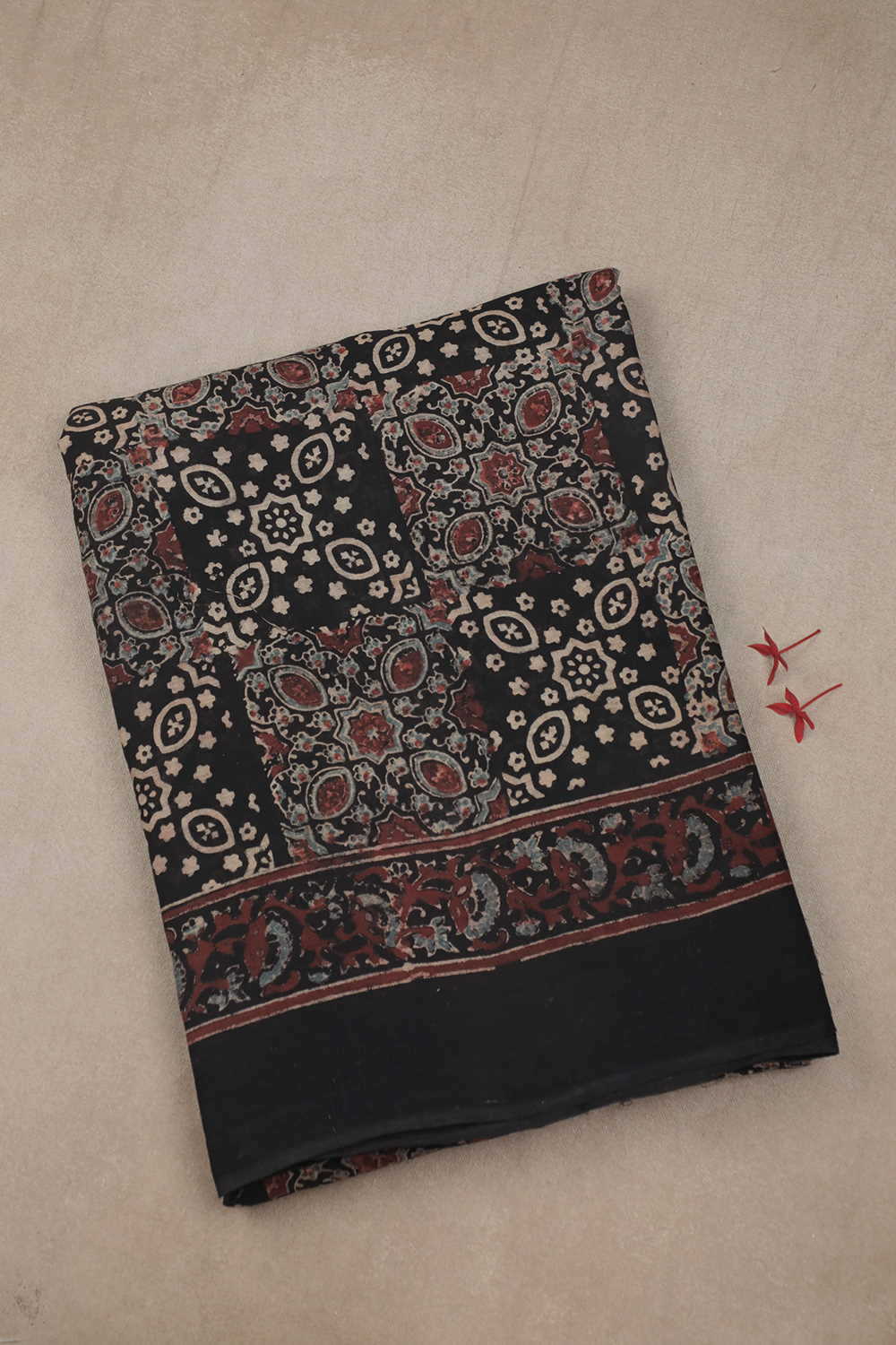 Patterned on Black Ajrak Mul Cotton saree