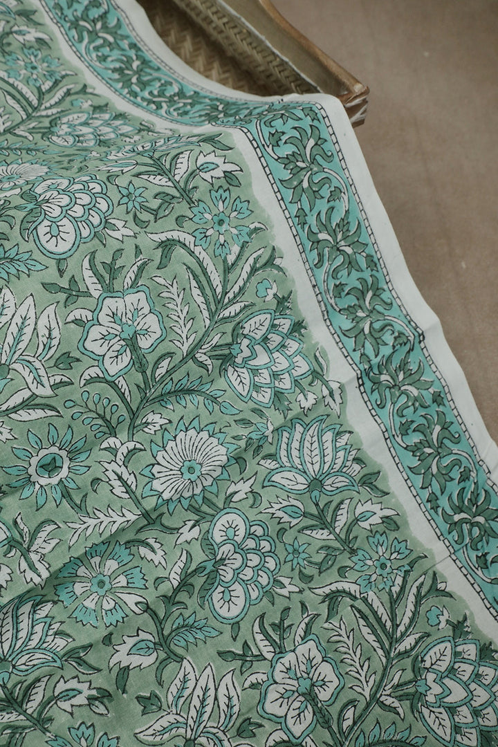 Green with Florals Sanganeri Cotton Fabric - 1.1m