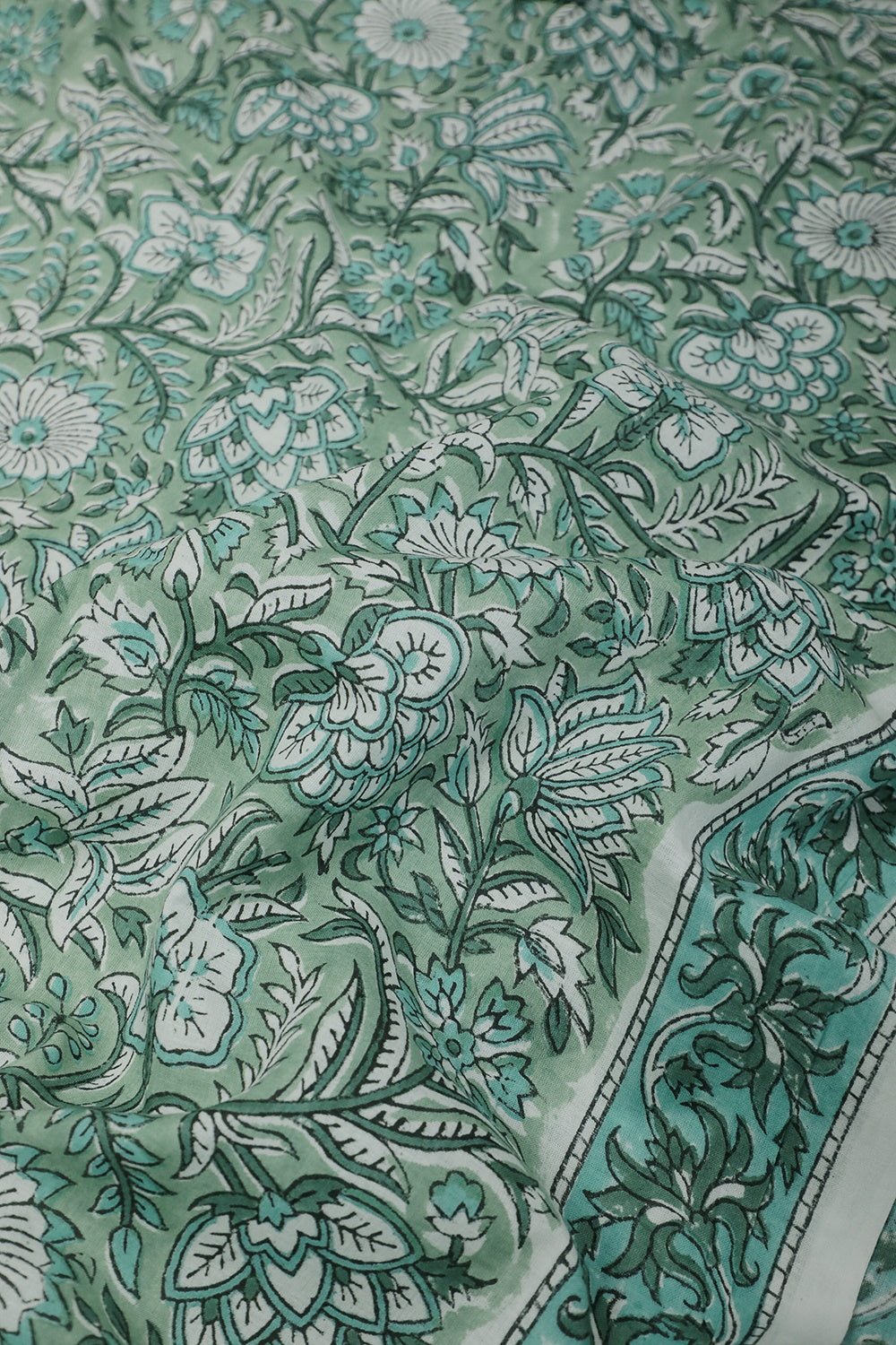 Green with Florals Sanganeri Cotton Fabric - 1.1m