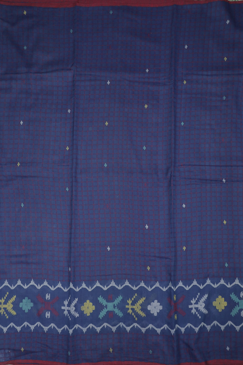 Checks on Blue Jamdani Border Cotton Fabric