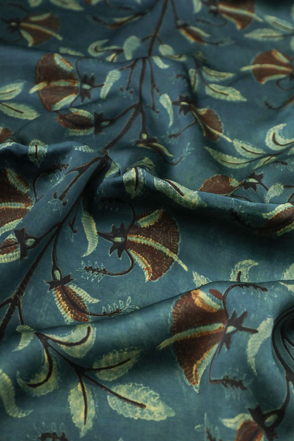 Leafy Floral Block Printed Modal Silk Fabric - 1.1m