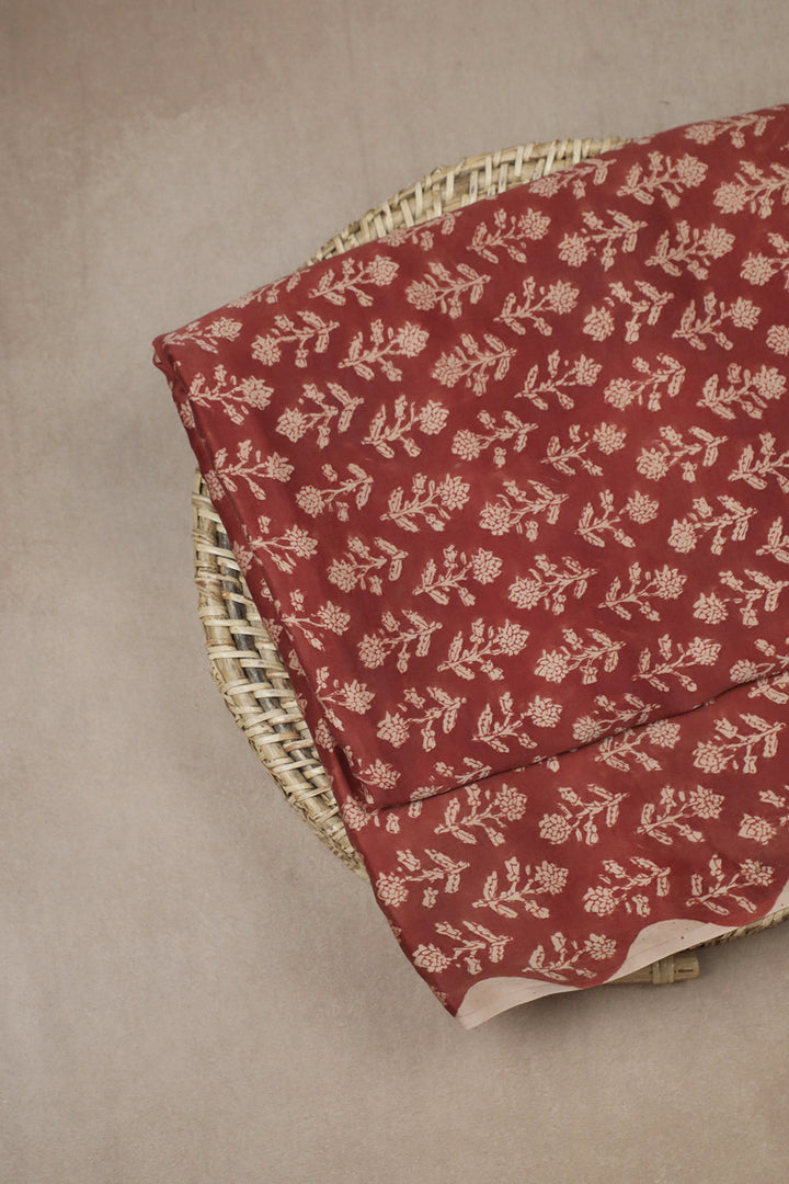 Floral Buttas on Maroon Block Printed Modal Silk Fabric-0.5m