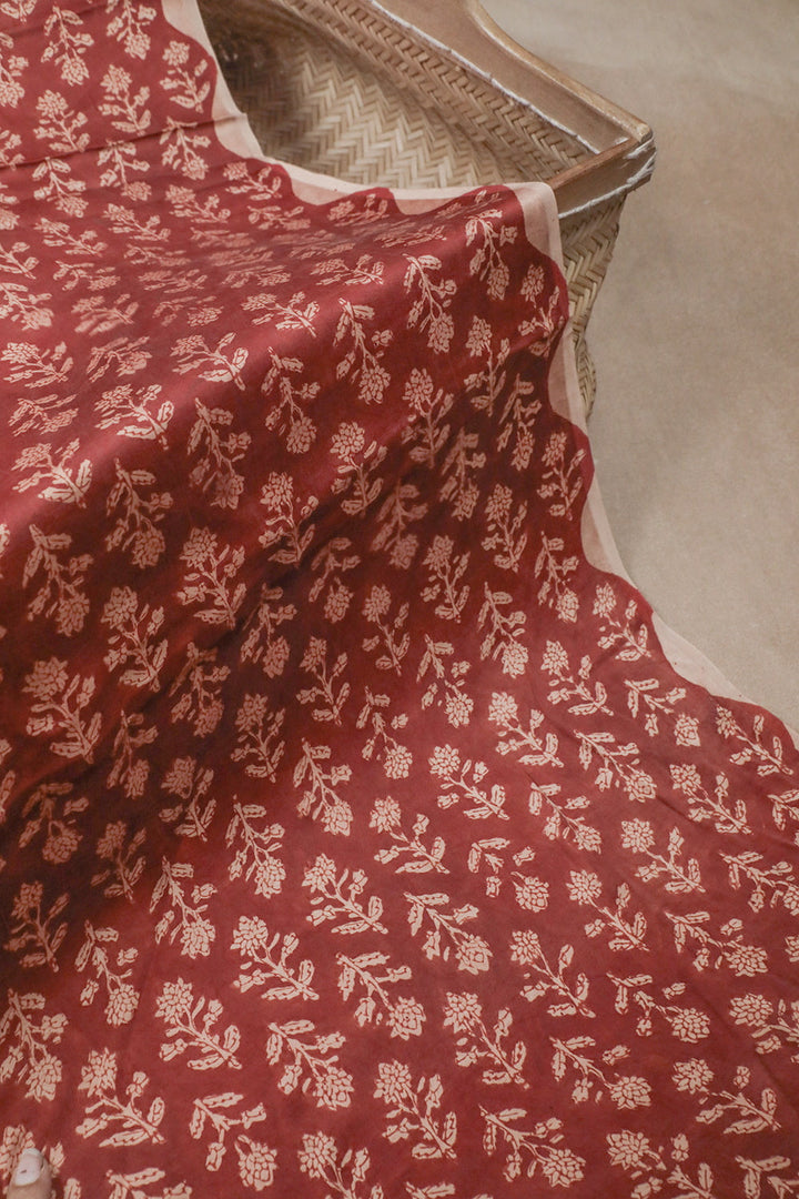 Floral Buttas on Maroon Block Printed Modal Silk Fabric-1 m