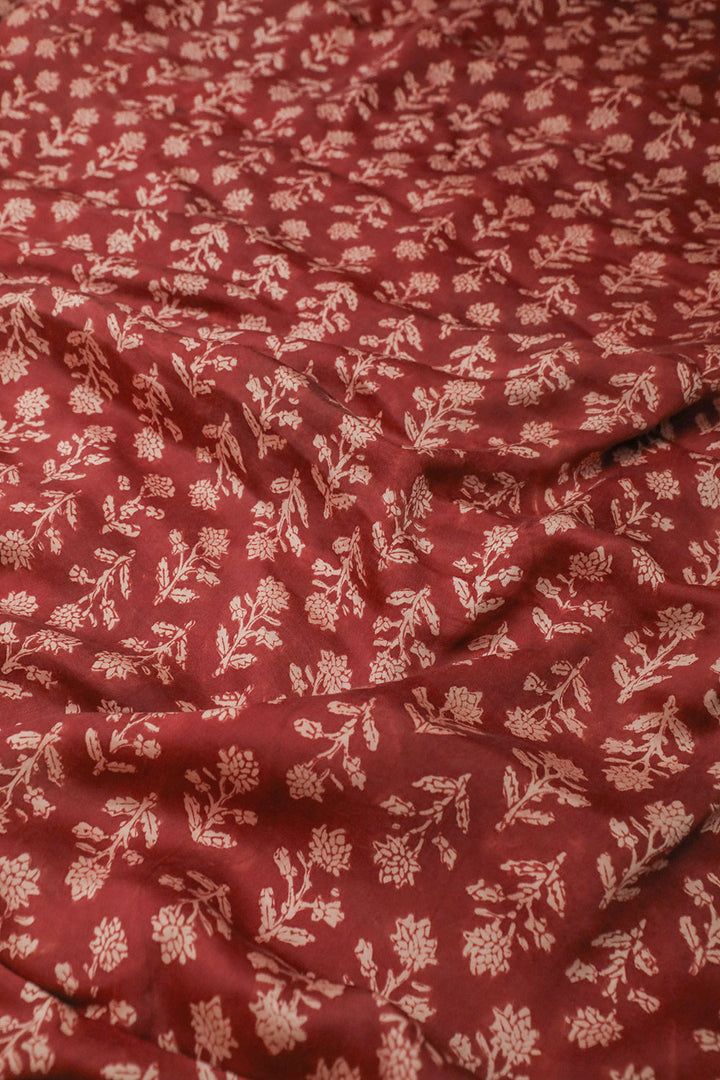 Floral Buttas on Maroon Block Printed Modal Silk Fabric-1 m