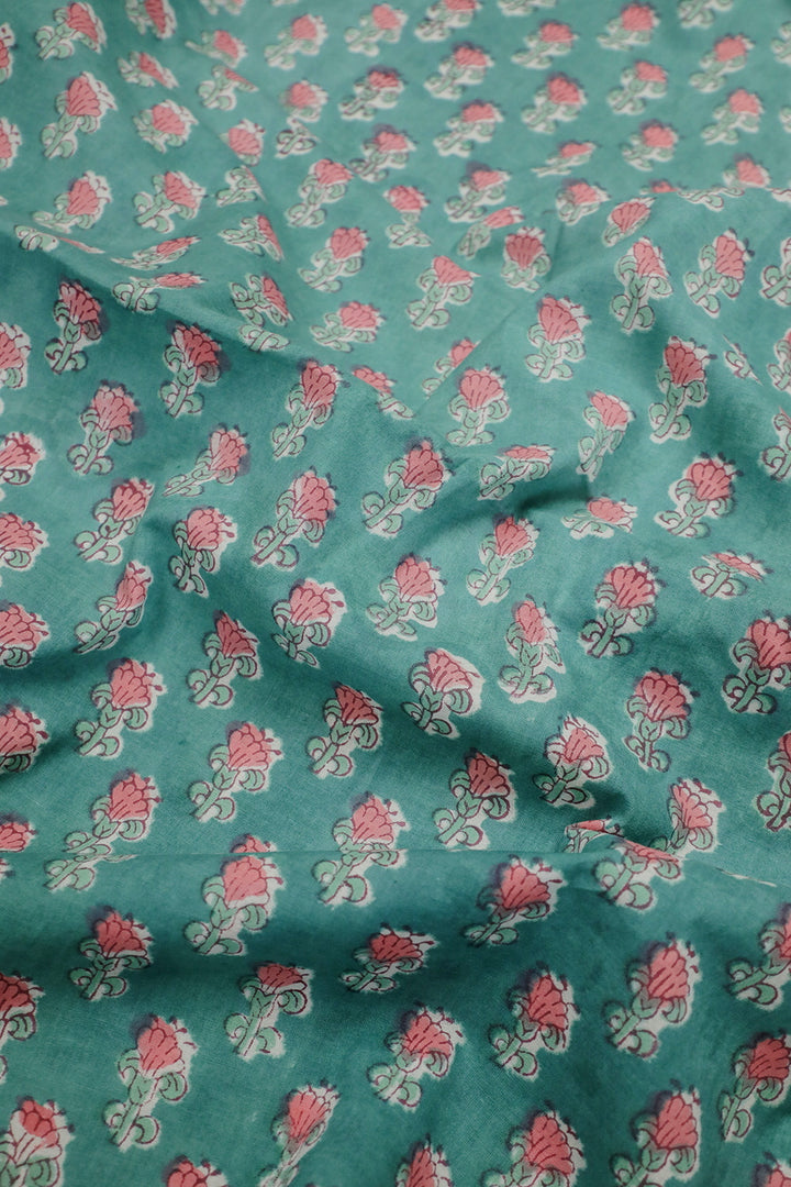 Pink Florets on Green Sanganeri Cotton Fabric - 2.1m