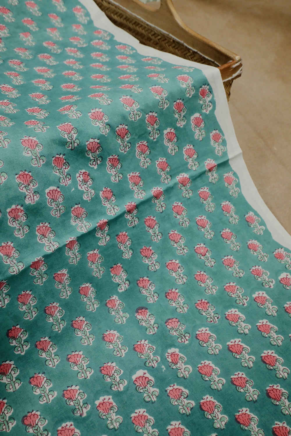 Pink Florets on Green Sanganeri Cotton Fabric - 2.1m