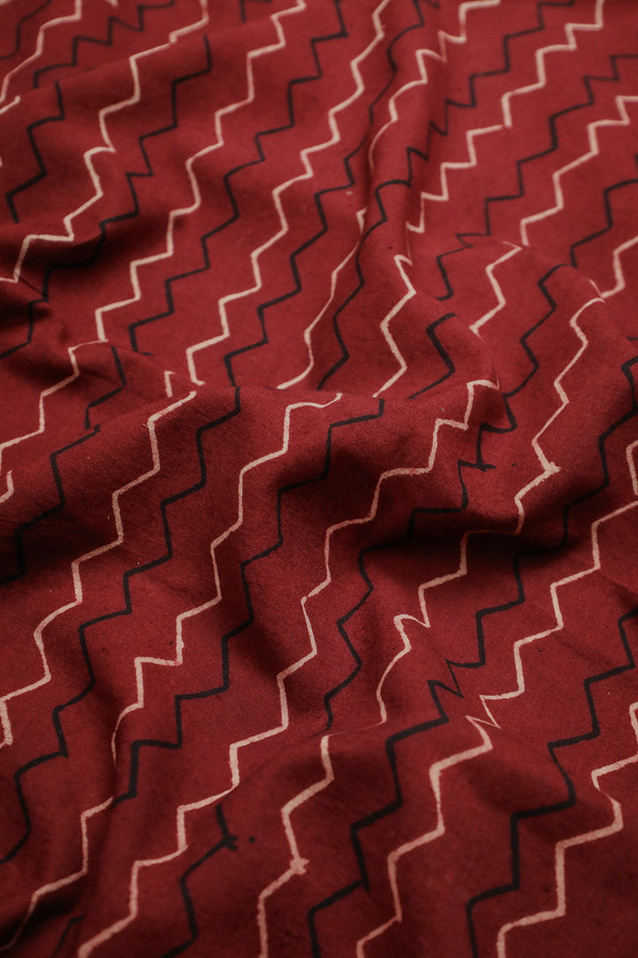 Zigzags on Maroon Block Printed Ajrak Cotton Fabric - 2.1m