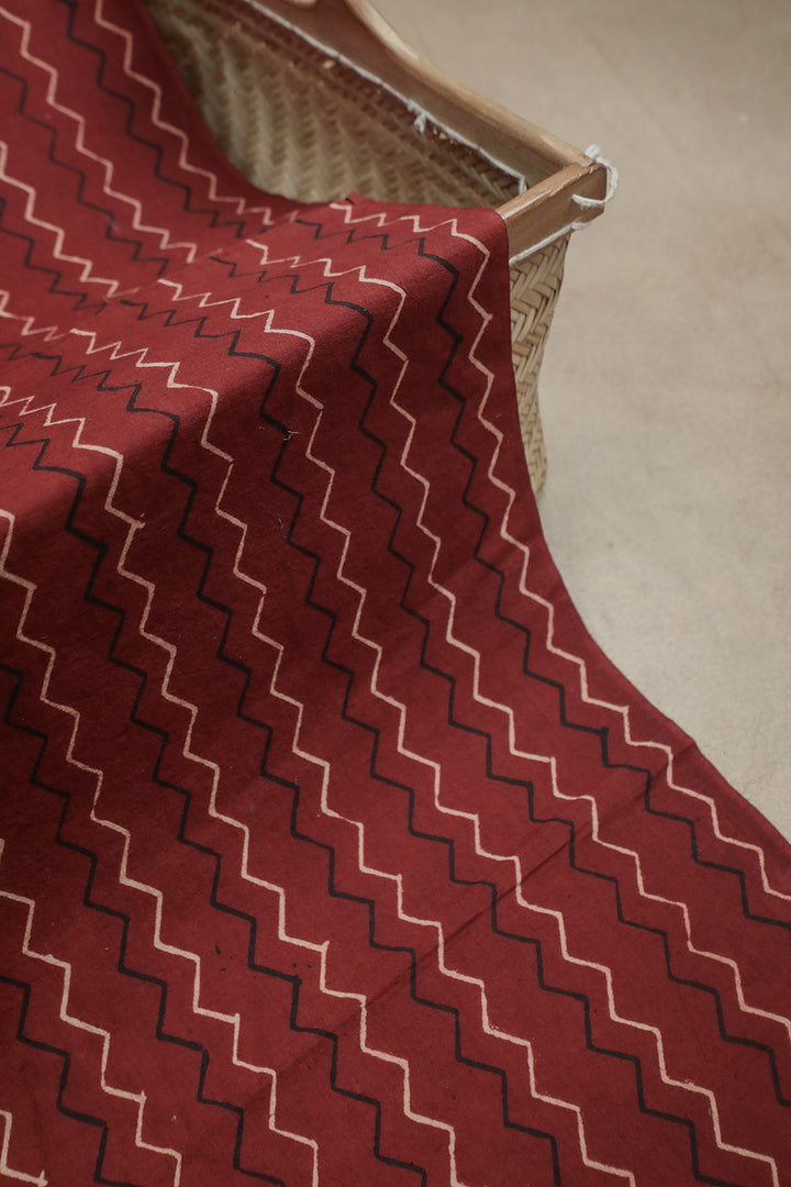 Zigzags on Maroon Block Printed Ajrak Cotton Fabric - 2.1m