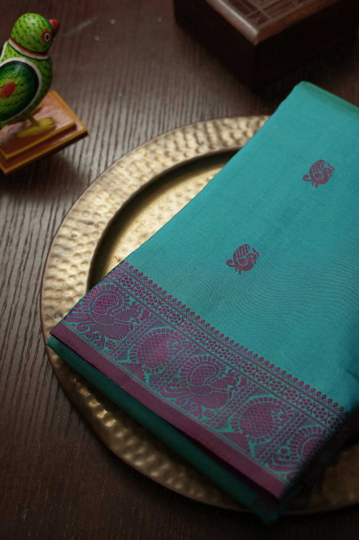 Rama Blue with Peacock Motifs Kanchi Silk saree