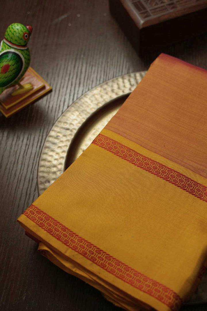 Double Shade Orange with Yellow Border Kanchipuram Silk Saree