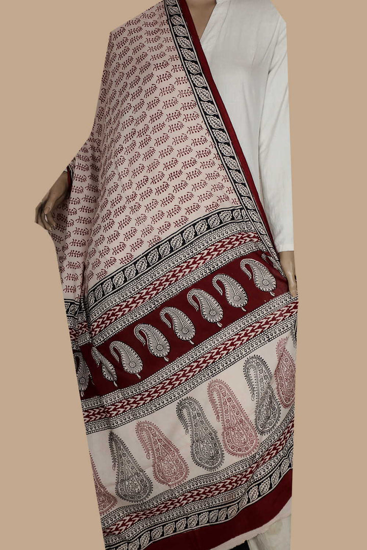 Maroon Florets on Cream Bagh Cotton Dupatta