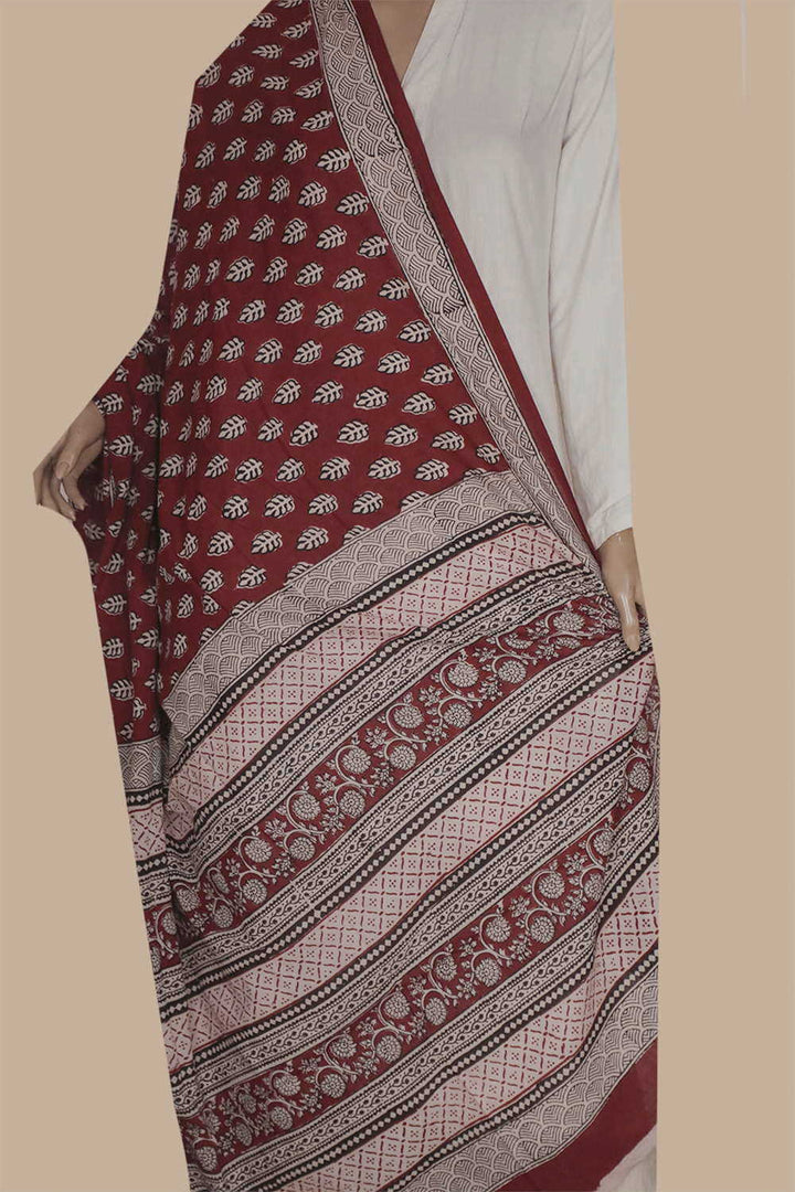 Cream Butta on Maroon Bagh Cotton Dupatta