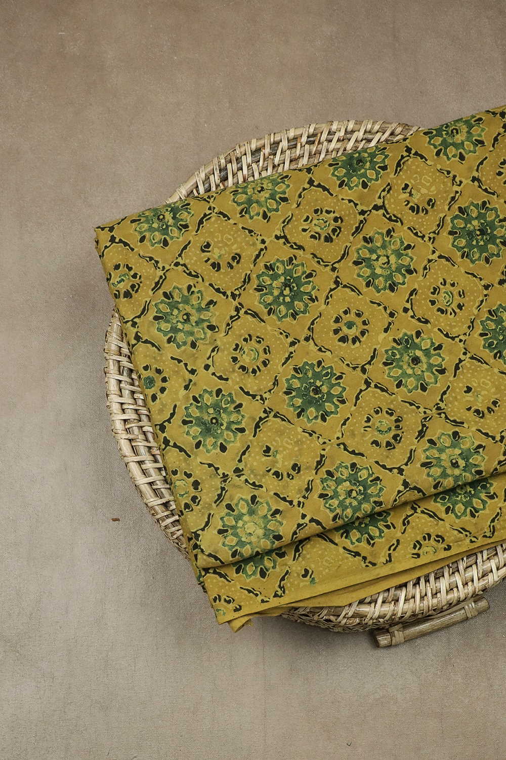 Yellow & Green Pattern Ajrak Cotton Fabric - 0.9m