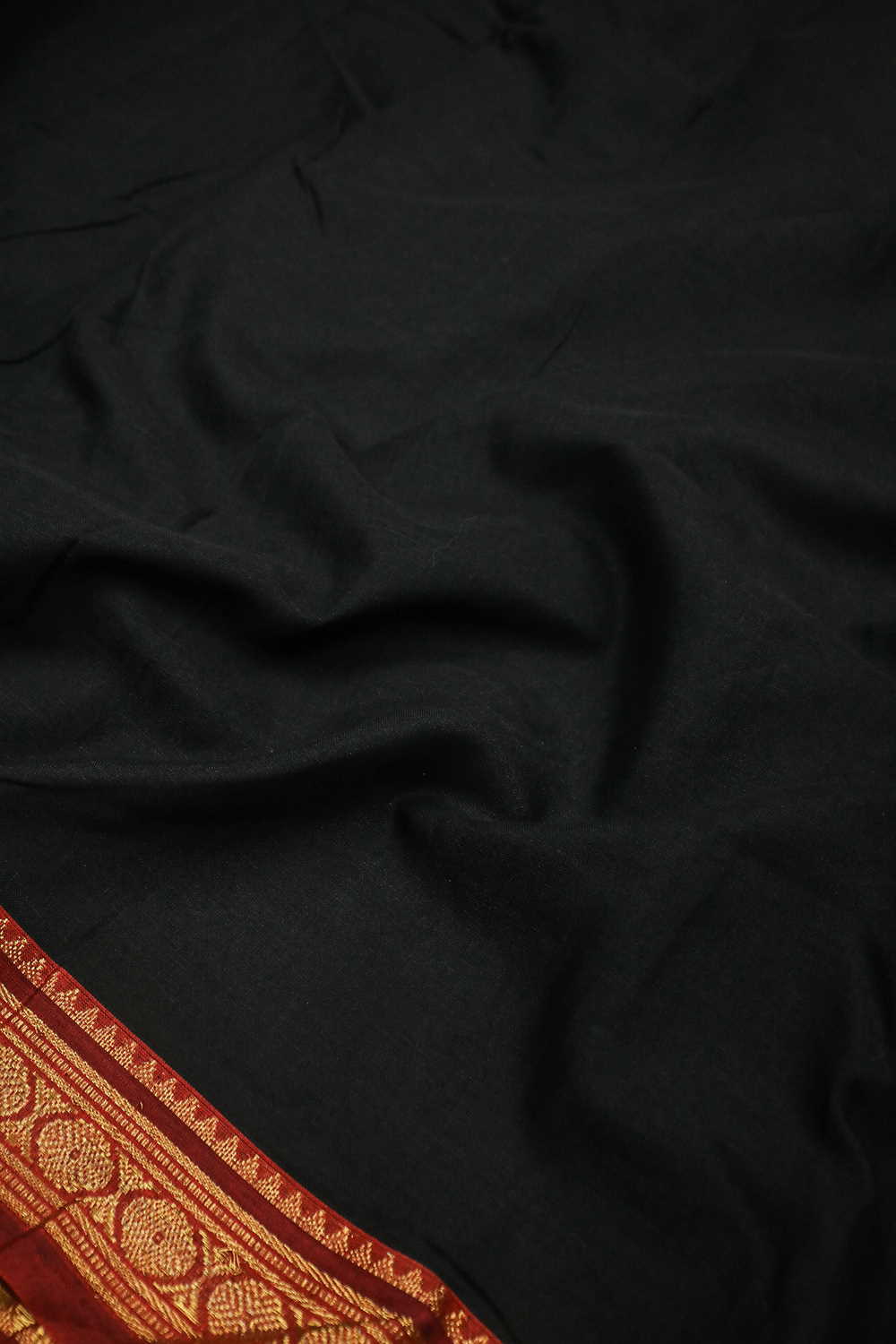 Black with Maroon Border Narayanpet Cotton Fabric - 1.55m