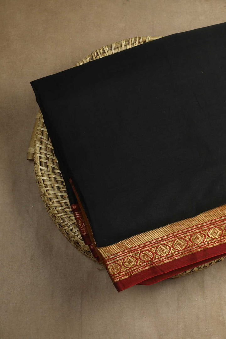 Black with Maroon Border Narayanpet Cotton Fabric - 1.55m