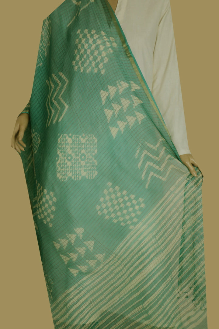 Seafoam Green Patterned Block Printed Kota Silk Dupatta