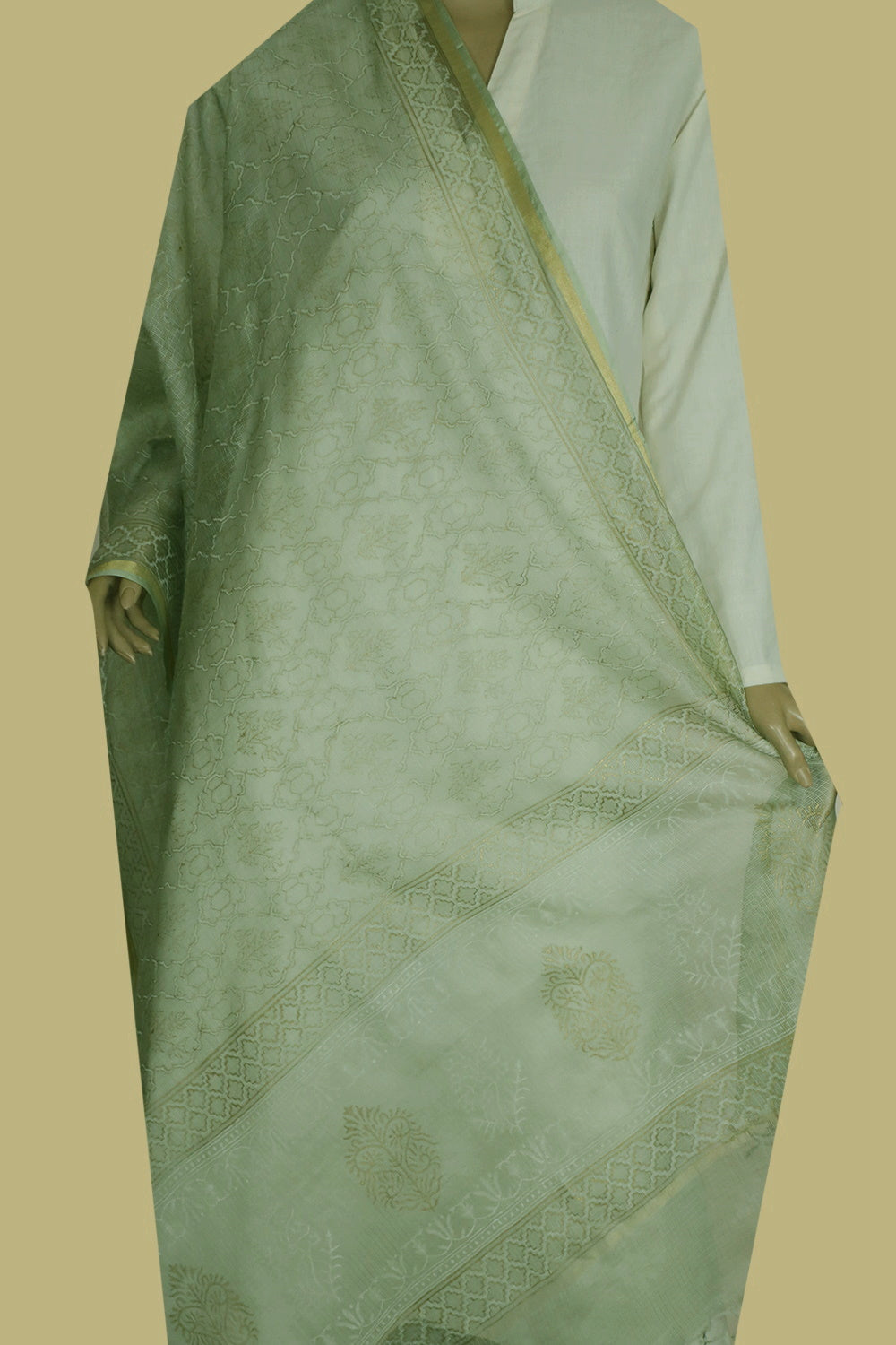 Patterned Baby Green Block Printed Kota Silk Dupatta