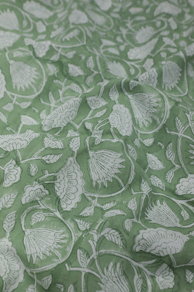 Cream Floral on Light Green Sanganeri Cotton Fabric - 0.6m