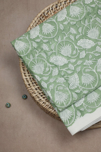 Cream Floral on Light Green Sanganeri Cotton Fabric - 0.6m